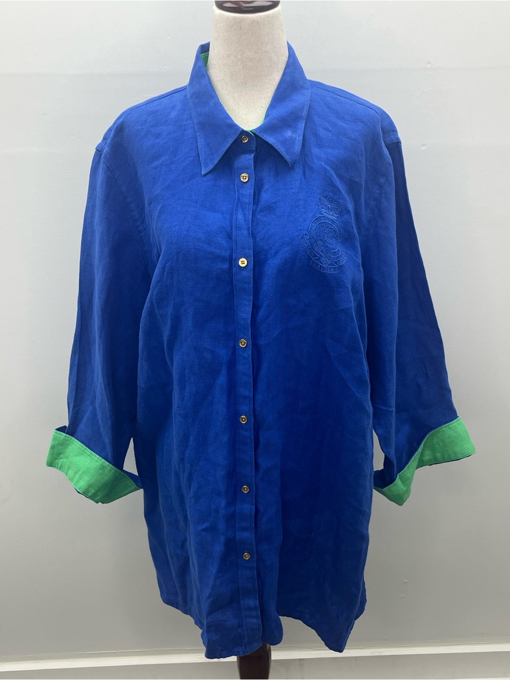 Lauren Ralph Lauren Womens Blue Linen Crest Logo Button Up Long Sleeve Shirt 2XL